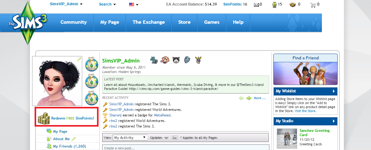 The Sims 3: Website My Page Offering Free Simpoint Redemption
