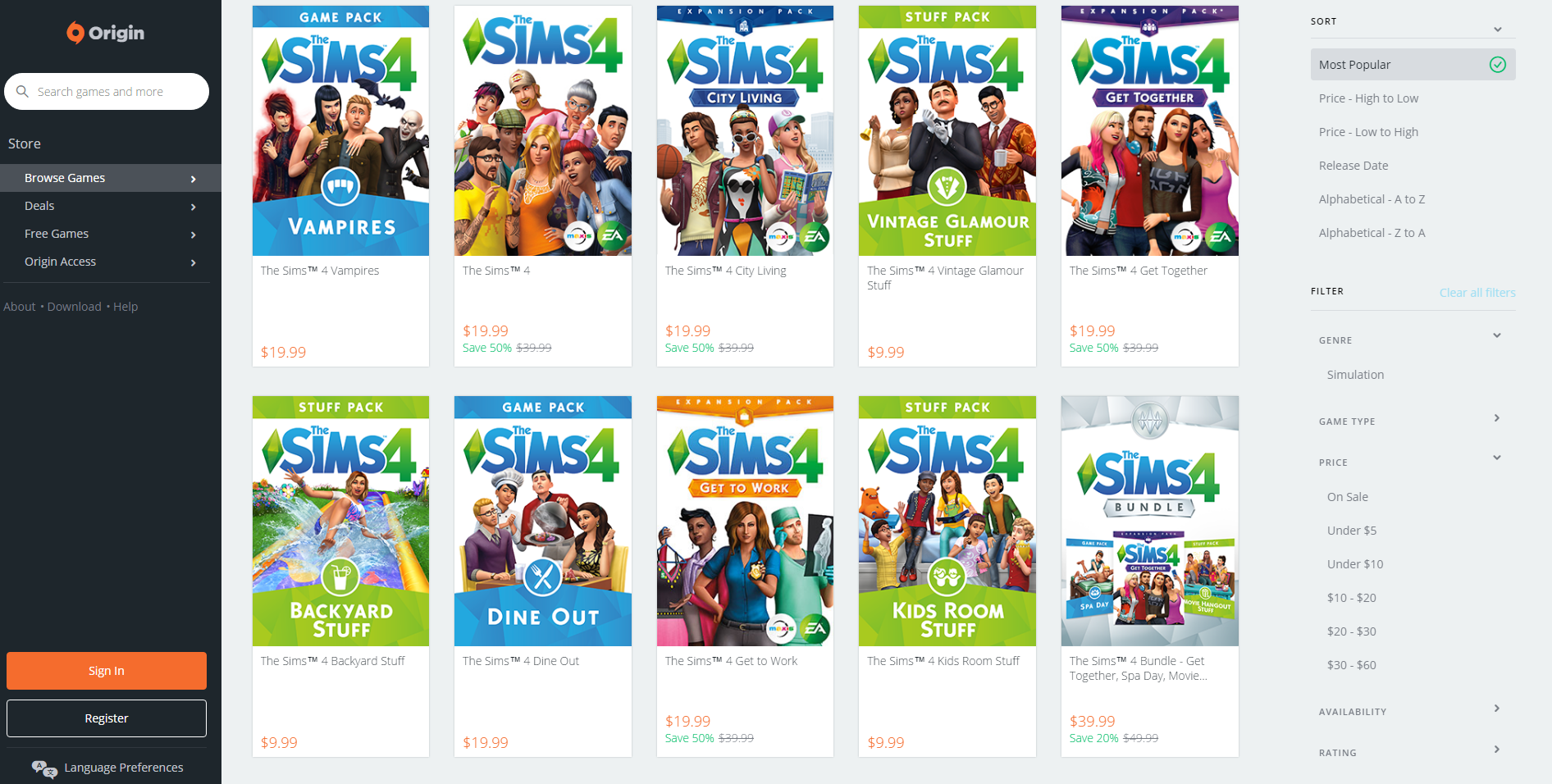 sims 4 expansion packs origin sale
