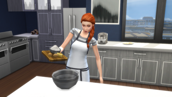Sim pours ingredients into a mixing bowl with confidence