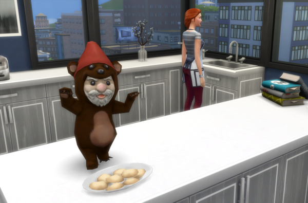 gnome in a bear suit is stealing cookies that Sim has been baking