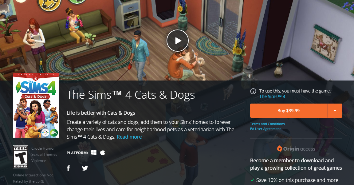 The Sims 4 Cats and Dogs Expansion Pack Origin Digital PC