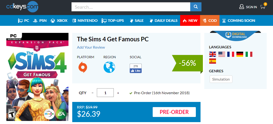 Sims 4 Get Famous - Expansion - PC EA Origin Digital Key - Global